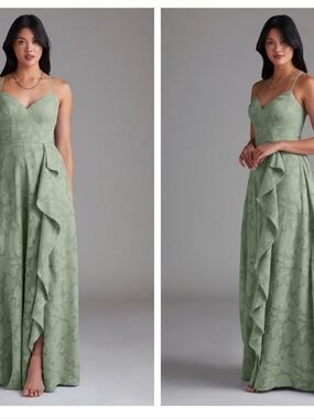 Azazie Sage Green Floral Burnout Textured W Spaghetti Strap Long Dress - Size 18